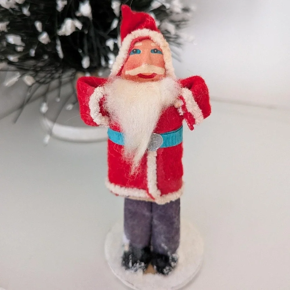 Vintage Spun Cotton Christmas Santa Claus Figurine Felt Suit Paper Mache Japan